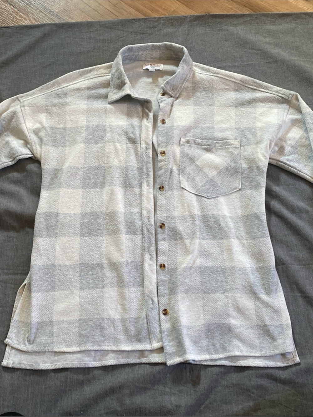 White and gray plaid shirt, women’s large vintage camping hiking shirt
